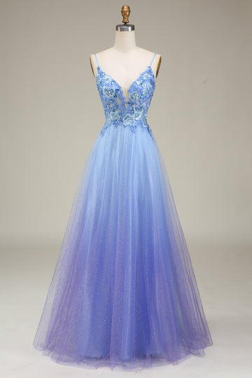 Sparkly Blue A-Line Long Tulle Ball Dress with Appliques